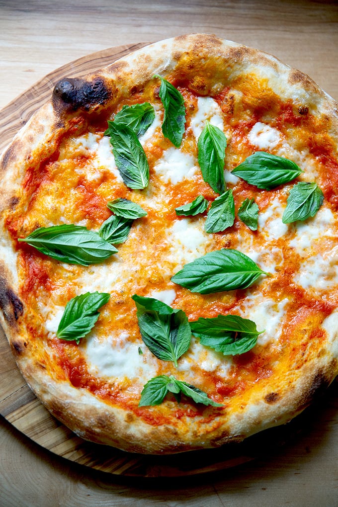 A just-baked Margherita pizza.