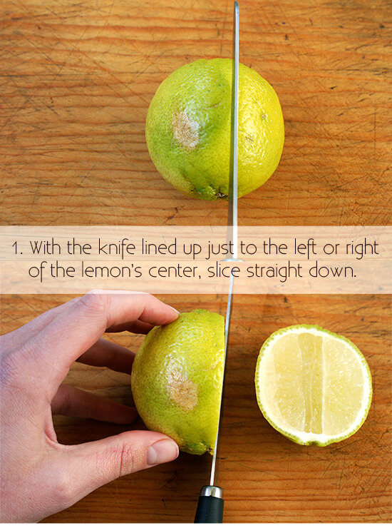 cutting a lemon for garnish, step 1