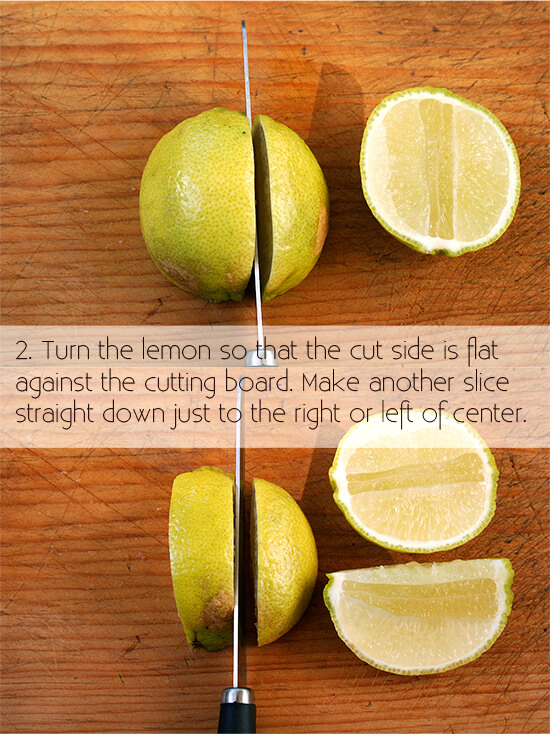 cutting a lemon for garnish, step 2
